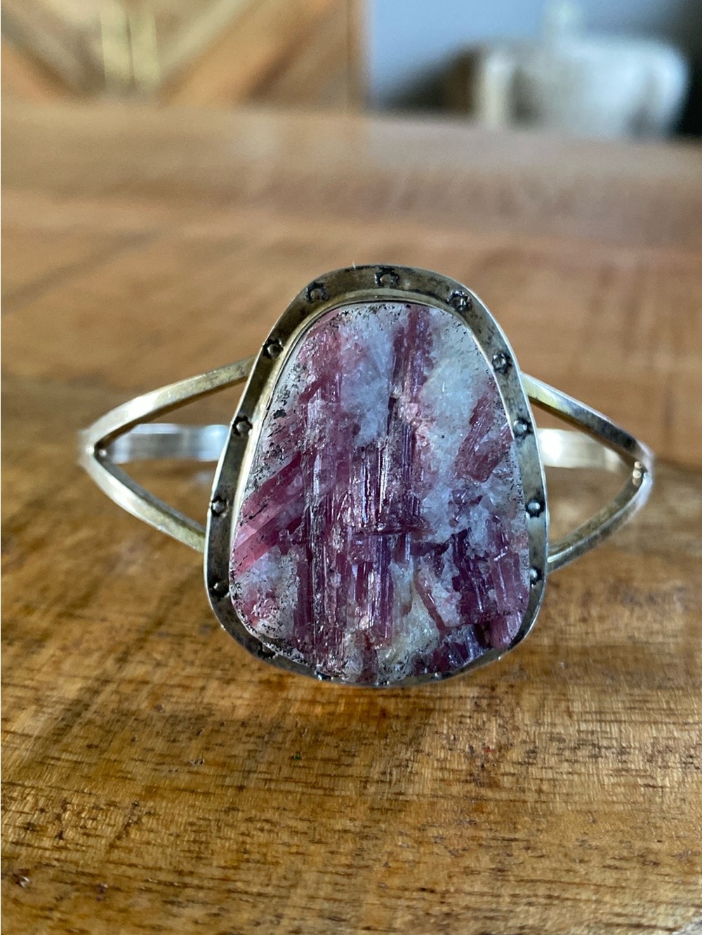 Signed RM Sterling Silver Pink Tourmaline in Quartz Cuff Bracelet
